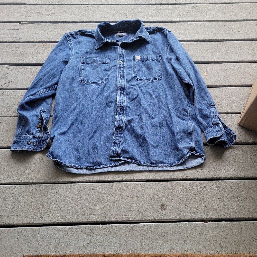 Carhartt Men's XL Blue Solid Denim Cotton Long Sleeve Button-Up Shirt Pockets